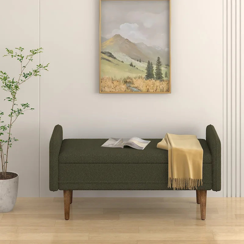 Banco de almacenamiento de terciopelo Teddy beige / negro / verde, 2 plazas