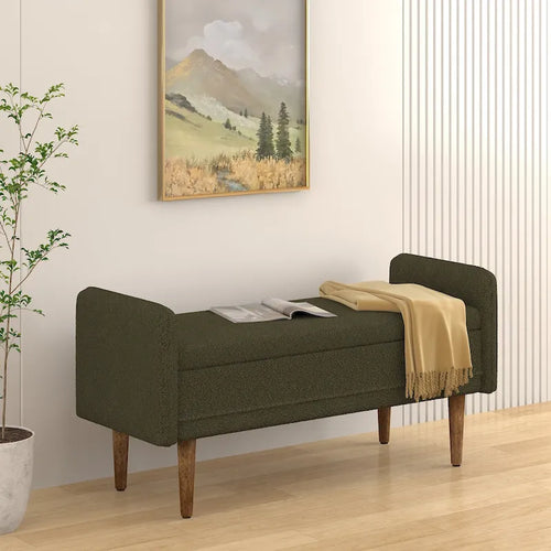 Banco de almacenamiento de terciopelo Teddy beige / negro / verde, 2 plazas
