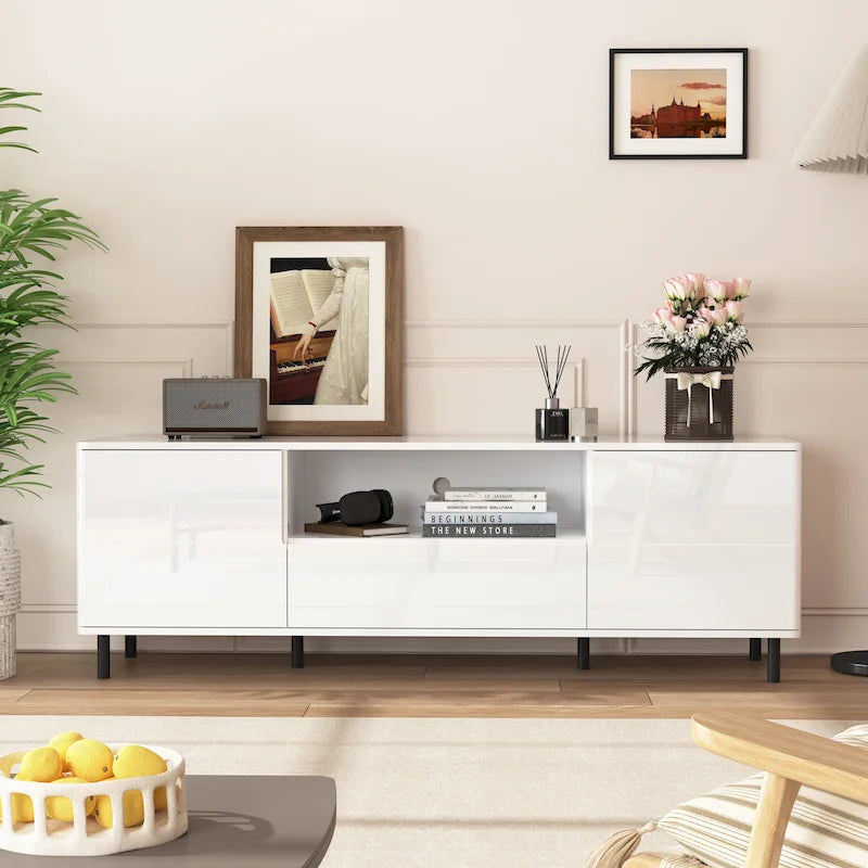 Mueble de TV moderno blanco de alto brillo, 160 cm, almacenamiento de 4 estantes
