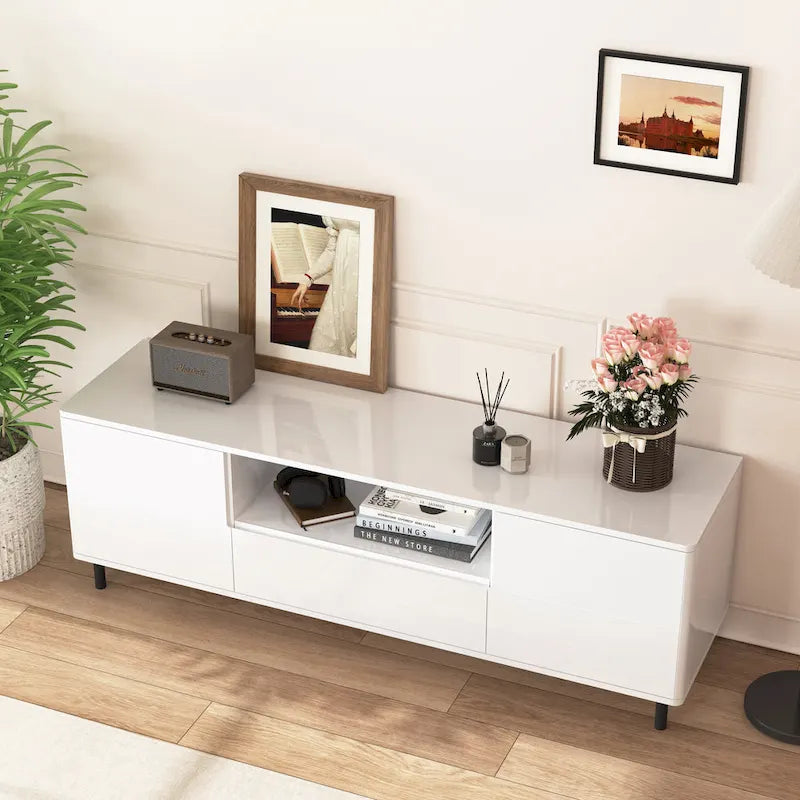 Mueble de TV moderno blanco de alto brillo, 160 cm, almacenamiento de 4 estantes