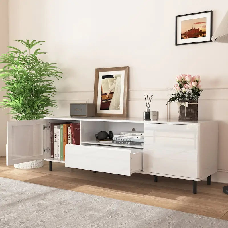 Mueble de TV moderno blanco de alto brillo, 160 cm, almacenamiento de 4 estantes