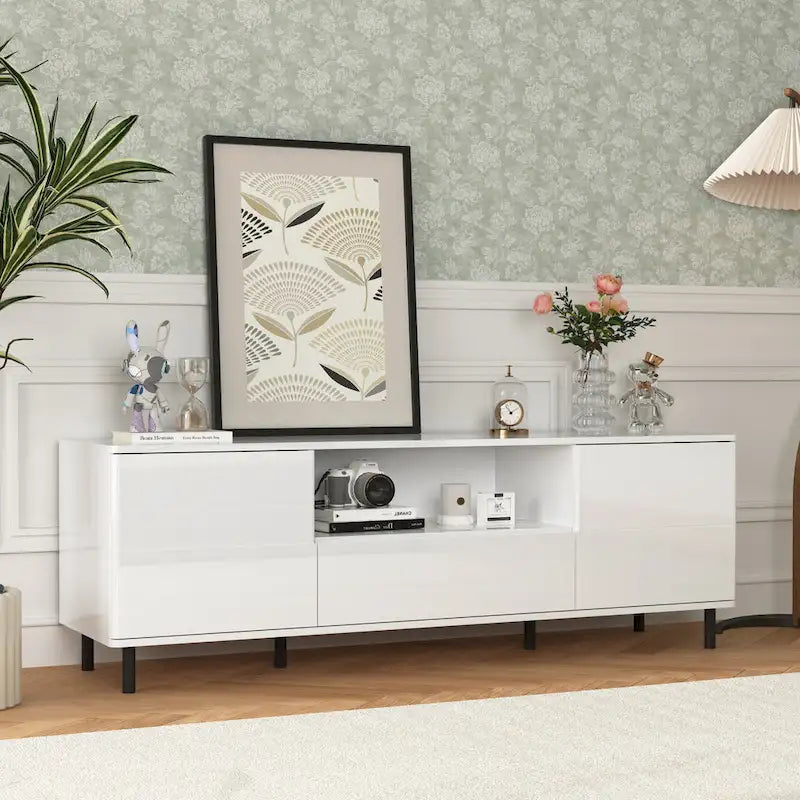 Mueble de TV moderno blanco de alto brillo, 160 cm, almacenamiento de 4 estantes