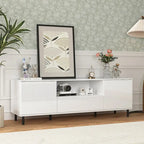 Mueble de TV moderno blanco de alto brillo, 160 cm, almacenamiento de 4 estantes
