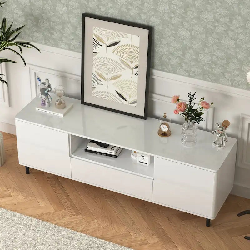 Mueble de TV moderno blanco de alto brillo, 160 cm, almacenamiento de 4 estantes