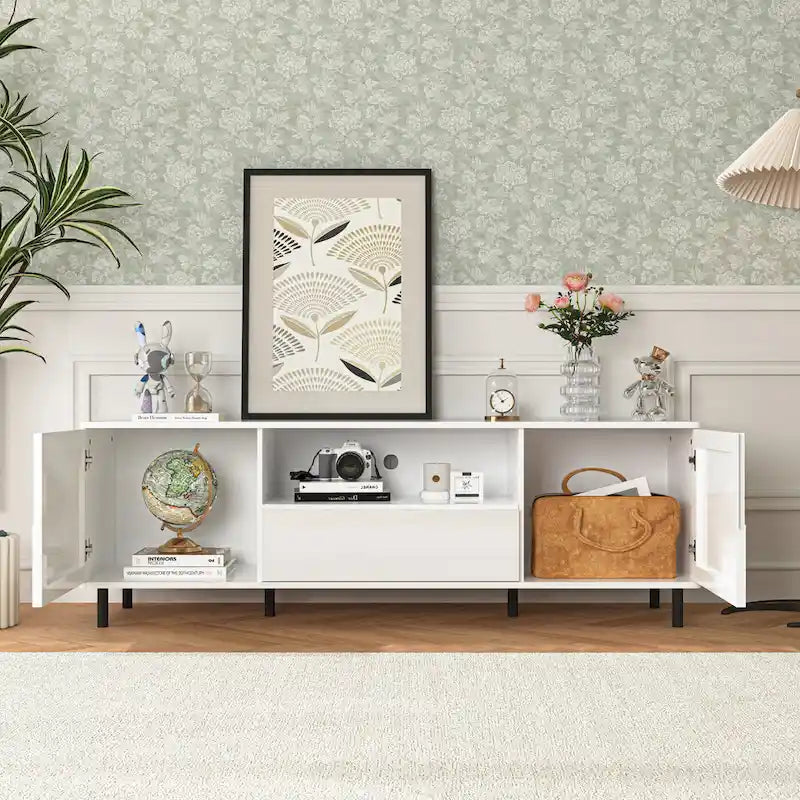 Mueble de TV moderno blanco de alto brillo, 160 cm, almacenamiento de 4 estantes