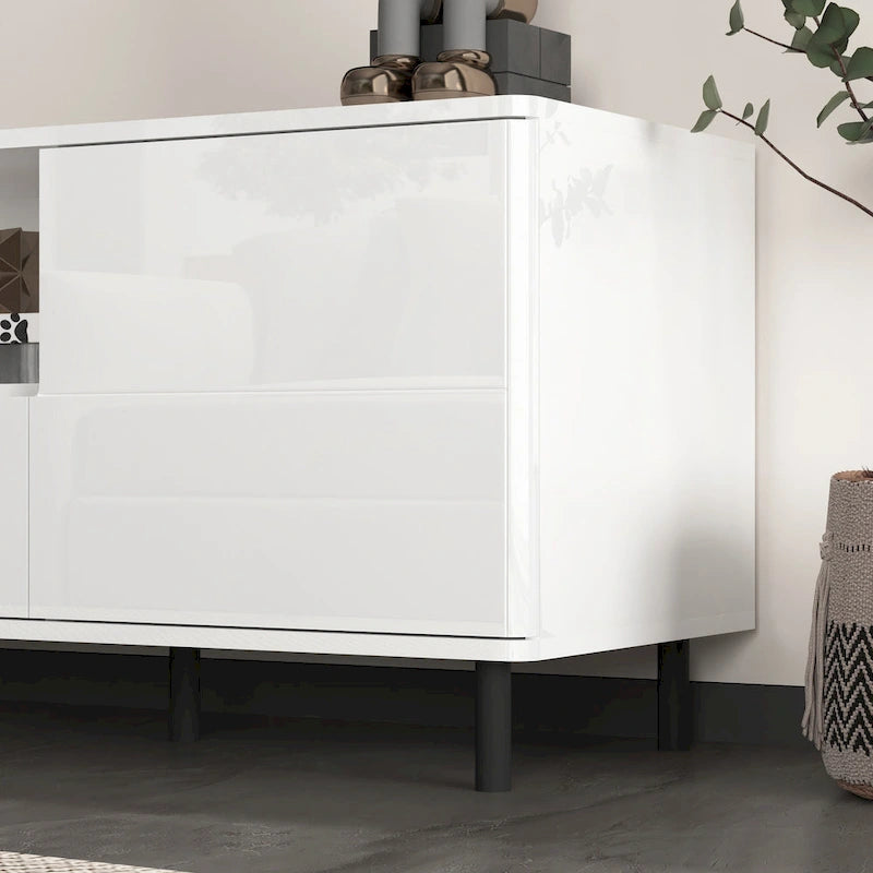 Mueble de TV moderno blanco de alto brillo, 160 cm, almacenamiento de 4 estantes