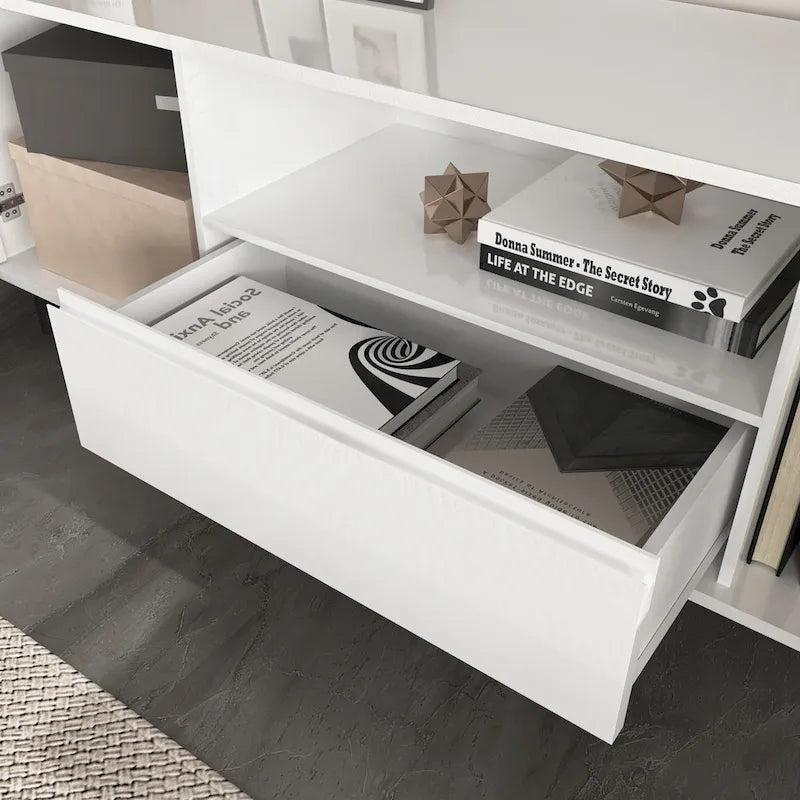 Mueble de TV moderno blanco de alto brillo, 160 cm, almacenamiento de 4 estantes