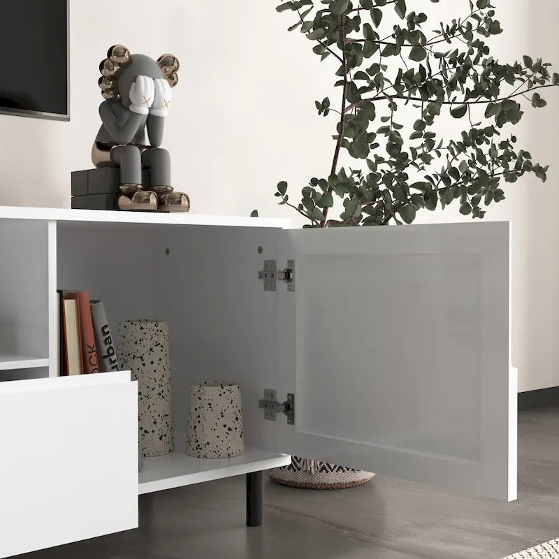 Mueble de TV moderno blanco de alto brillo, 160 cm, almacenamiento de 4 estantes
