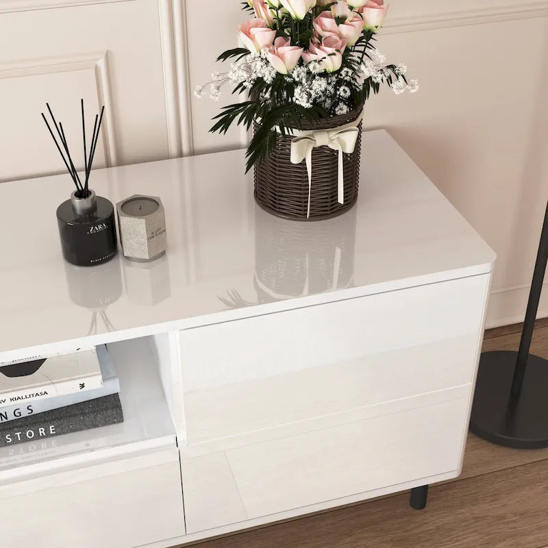 Mueble de TV moderno blanco de alto brillo, 160 cm, almacenamiento de 4 estantes