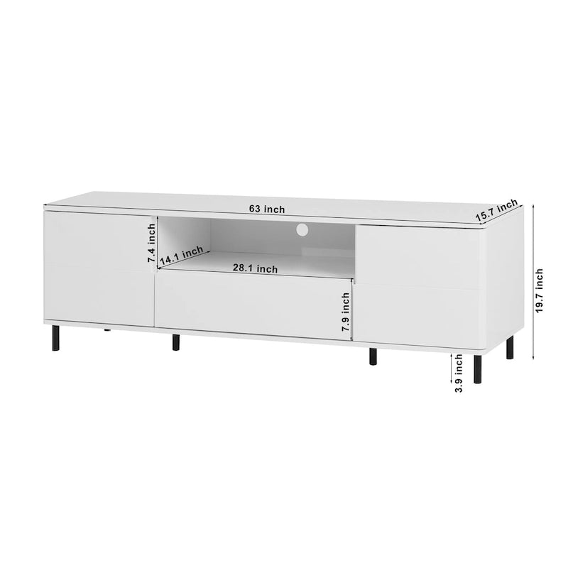 Mueble de TV moderno blanco de alto brillo, 160 cm, almacenamiento de 4 estantes