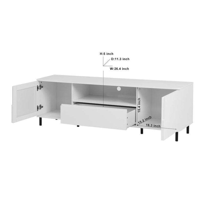 Mueble de TV moderno blanco de alto brillo, 160 cm, almacenamiento de 4 estantes