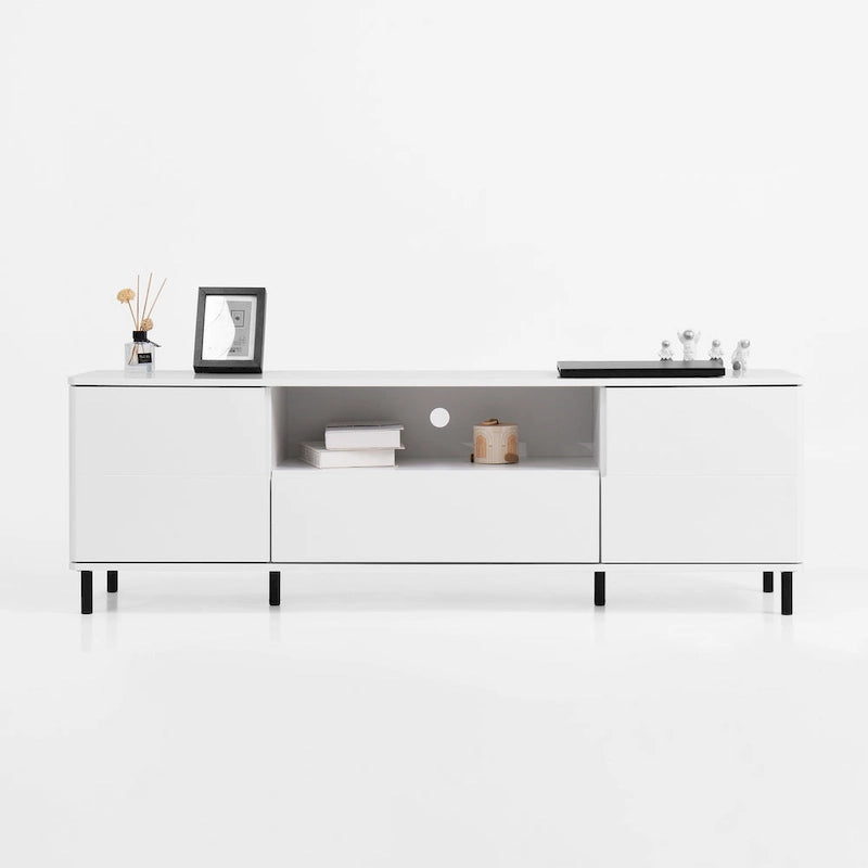 Mueble de TV moderno blanco de alto brillo, 160 cm, almacenamiento de 4 estantes