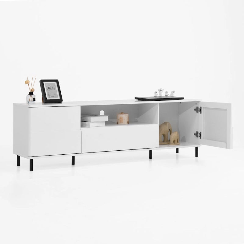 Mueble de TV moderno blanco de alto brillo, 160 cm, almacenamiento de 4 estantes