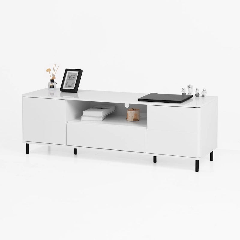 Mueble de TV moderno blanco de alto brillo, 160 cm, almacenamiento de 4 estantes