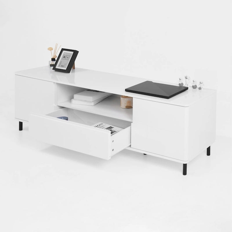 Mueble de TV moderno blanco de alto brillo, 160 cm, almacenamiento de 4 estantes