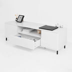 Mueble de TV moderno blanco de alto brillo, 160 cm, almacenamiento de 4 estantes