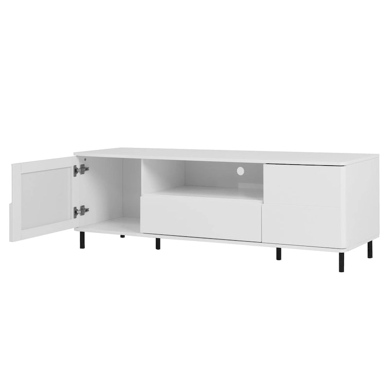 Mueble de TV moderno blanco de alto brillo, 160 cm, almacenamiento de 4 estantes