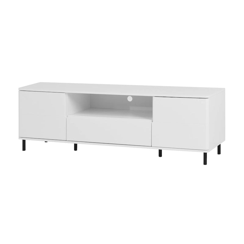 Mueble de TV moderno blanco de alto brillo, 160 cm, almacenamiento de 4 estantes