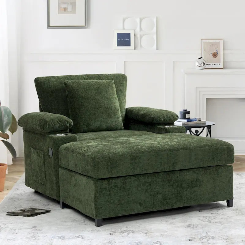 Sillón cama convertible de chenilla extragrande gris/verde con otomana y almacenaje — 1 persona