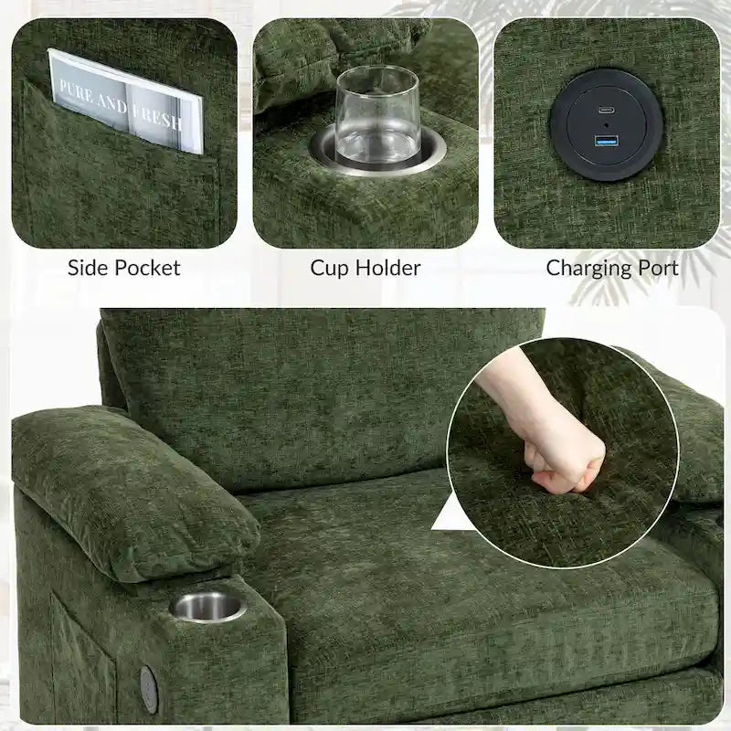 Sillón cama convertible de chenilla extragrande gris/verde con otomana y almacenaje — 1 persona