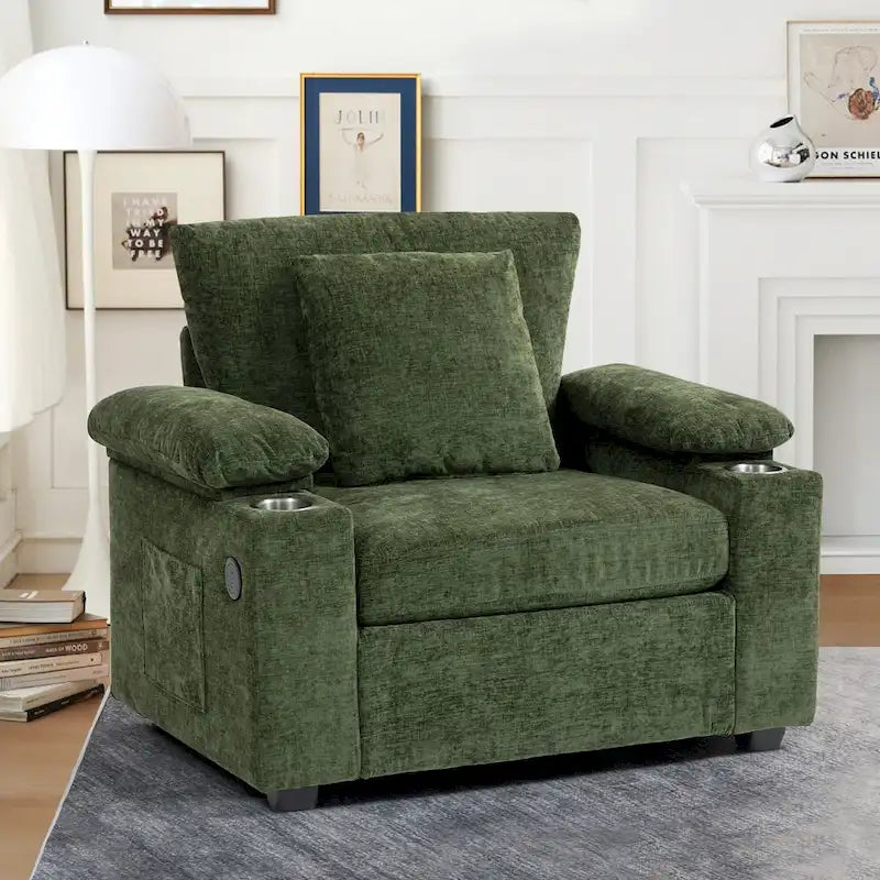 Sillón cama convertible de chenilla extragrande gris/verde con otomana y almacenaje — 1 persona