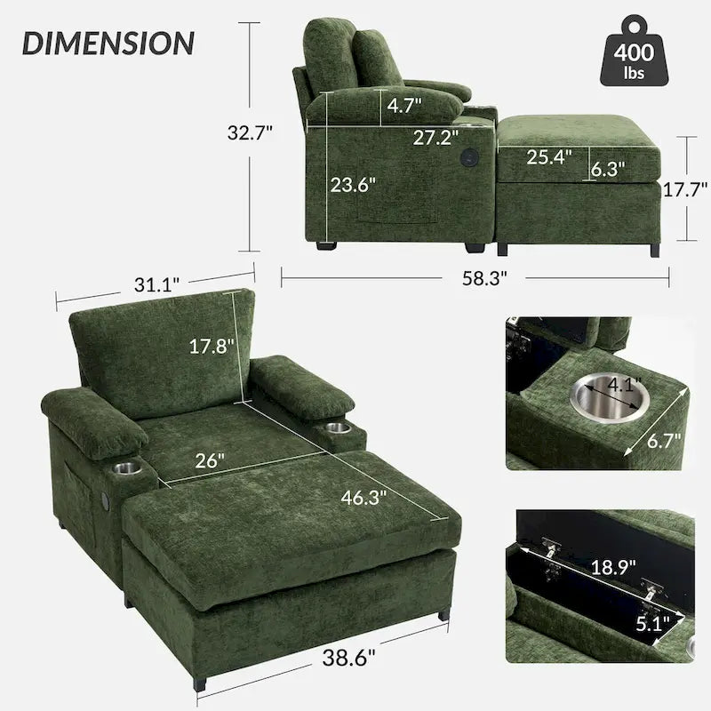Sillón cama convertible de chenilla extragrande gris/verde con otomana y almacenaje — 1 persona
