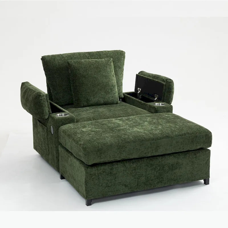 Sillón cama convertible de chenilla extragrande gris/verde con otomana y almacenaje — 1 persona