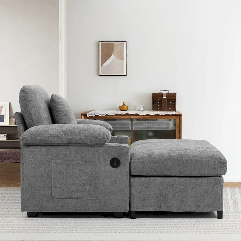 Sillón cama convertible de chenilla extragrande gris/verde con otomana y almacenaje — 1 persona