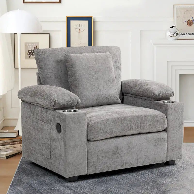 Sillón cama convertible de chenilla extragrande gris/verde con otomana y almacenaje — 1 persona