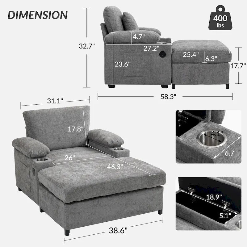 Sillón cama convertible de chenilla extragrande gris/verde con otomana y almacenaje — 1 persona