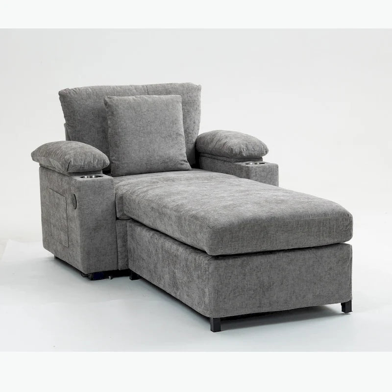 Sillón cama convertible de chenilla extragrande gris/verde con otomana y almacenaje — 1 persona