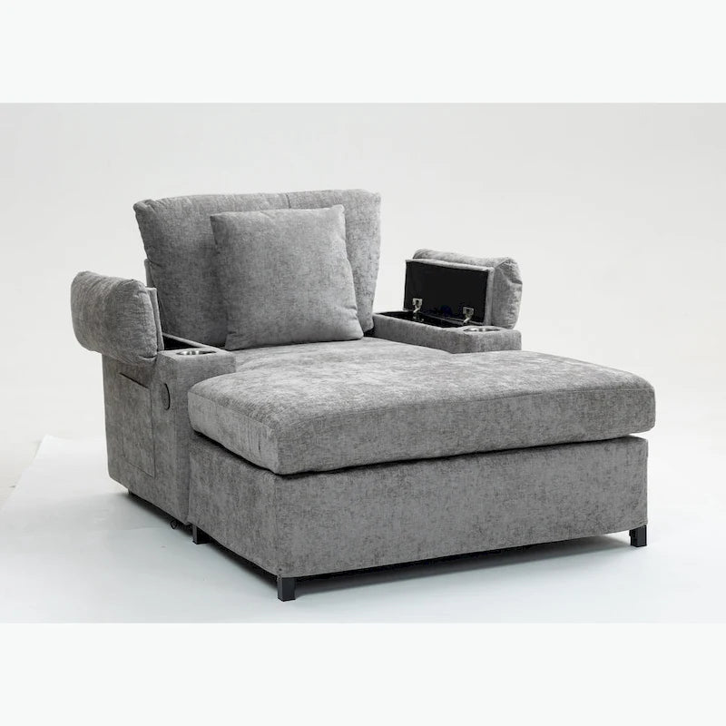 Sillón cama convertible de chenilla extragrande gris/verde con otomana y almacenaje — 1 persona