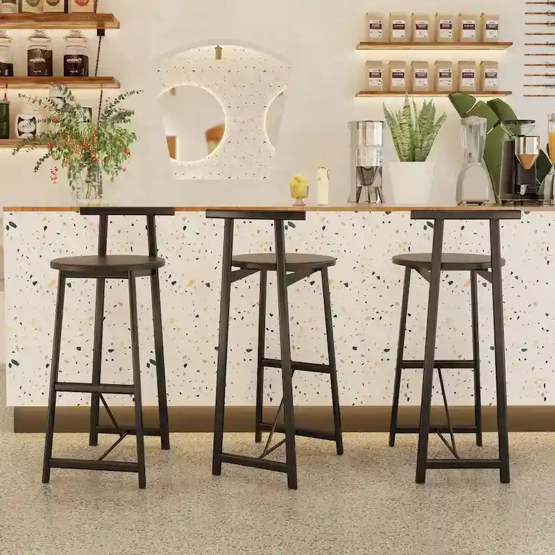 Taburete de bar sin brazos en negro/blanco/nogal, estructura de metal y asiento de madera, juego de 3