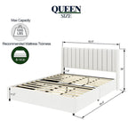 Cama de plataforma con respaldo alado tapizado en bouclé color marfil con 4 cajones de almacenamiento – Queen