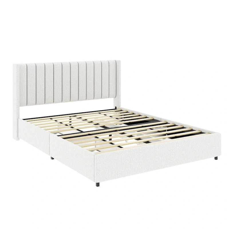 Cama de plataforma con respaldo alado tapizado en bouclé color marfil con 4 cajones de almacenamiento – Queen