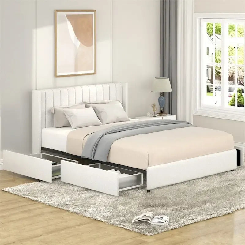 Cama de plataforma con respaldo alado tapizado en bouclé color marfil con 4 cajones de almacenamiento – Queen