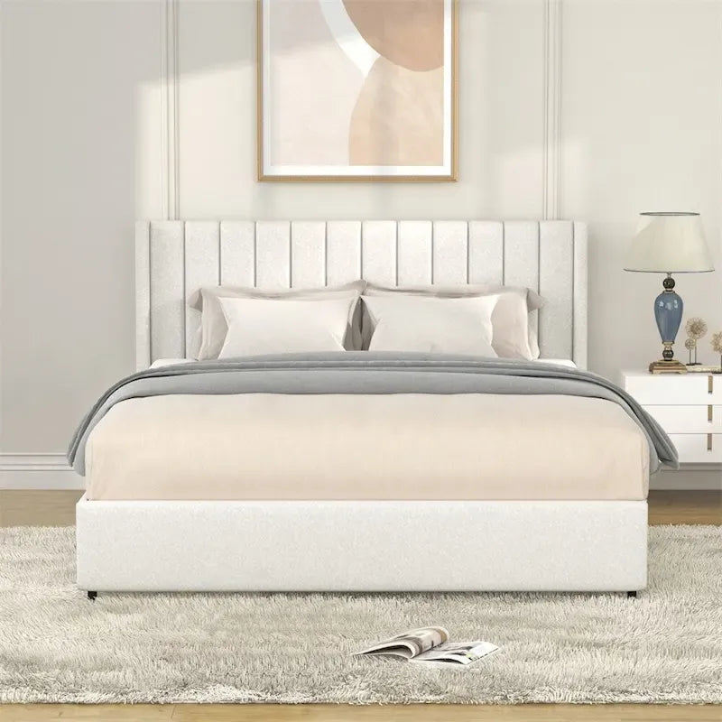 Cama de plataforma con respaldo alado tapizado en bouclé color marfil con 4 cajones de almacenamiento – Queen