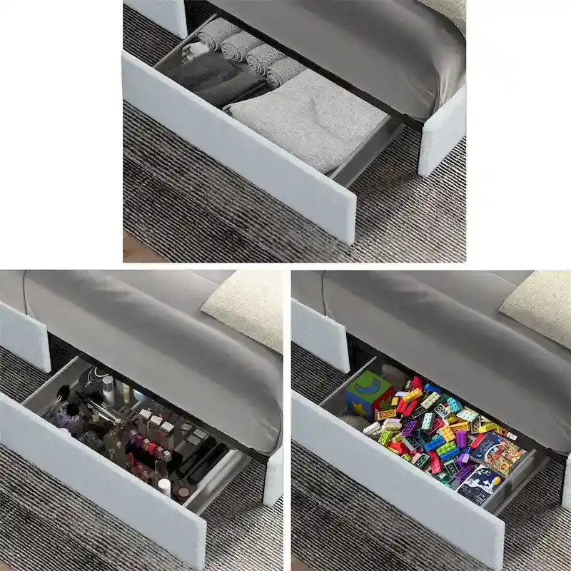 Cama de plataforma con respaldo alado tapizado en bouclé color marfil con 4 cajones de almacenamiento – Queen
