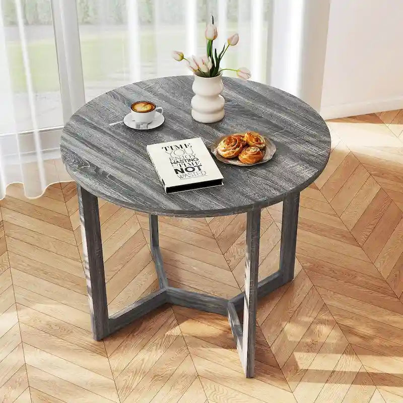 Mesa de comedor redonda negra/gris, base de pedestal, para 2–4 comensales