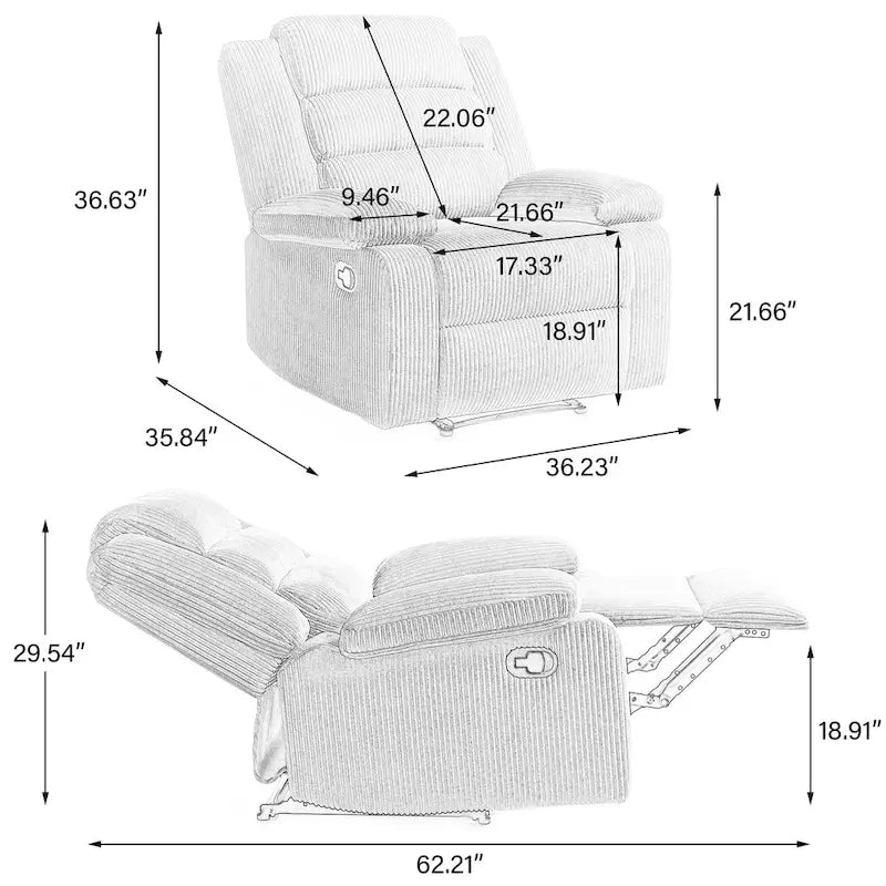 Sillón reclinable manual de pana con reposapiés, juego de 2