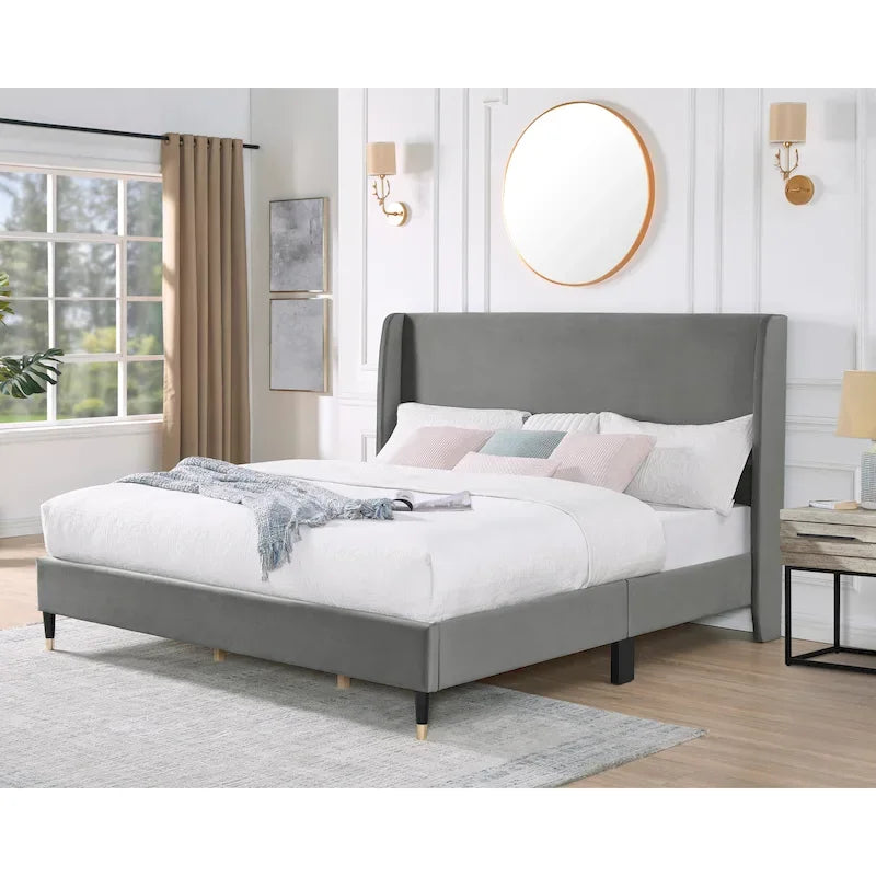 Cama de plataforma tapizada en terciopelo gris King – Para 1