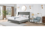 Gray King Size Modern Style Platform Bed with Wingback Design Velvet Headboard for Bedroom