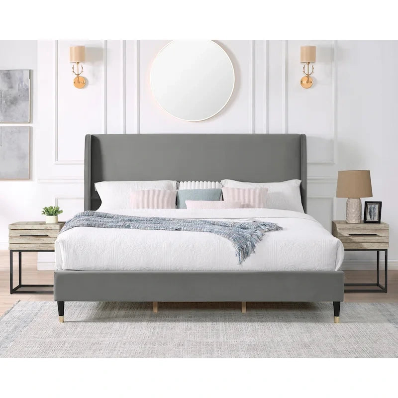 Cama de plataforma tapizada en terciopelo gris King – Para 1
