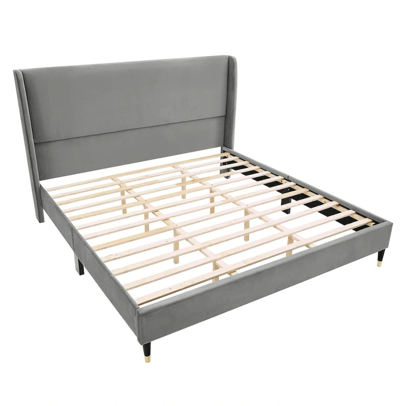 Cama de plataforma tapizada en terciopelo gris King – Para 1