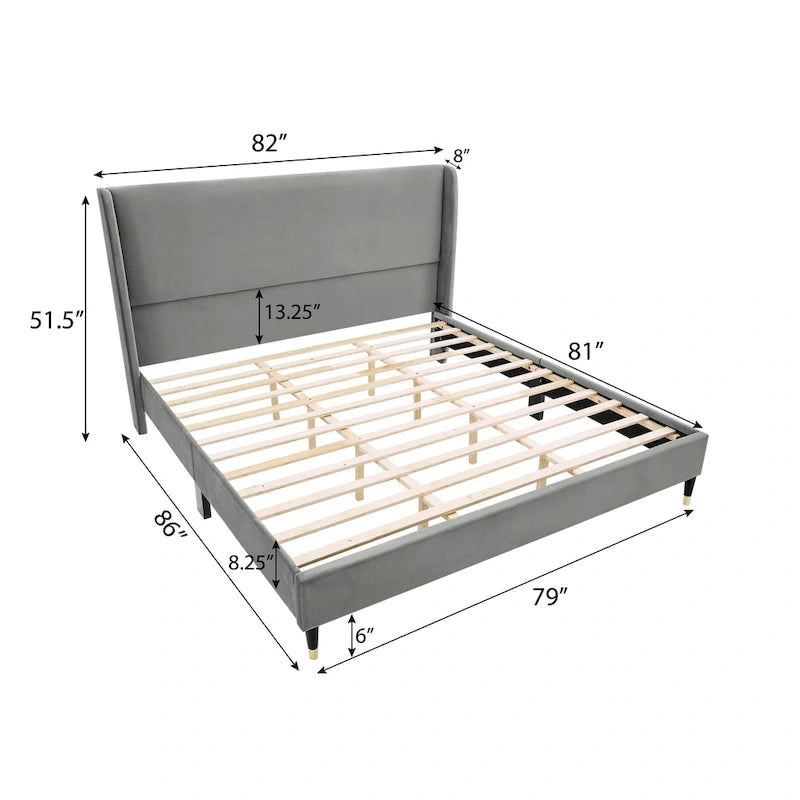 Cama de plataforma tapizada en terciopelo gris King – Para 1