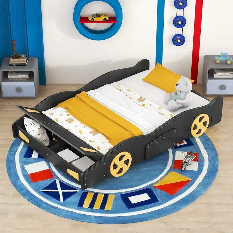 Cama de coche de carreras negra/azul oscuro con almacenamiento – Individual/Matrimonial, para 1 persona
