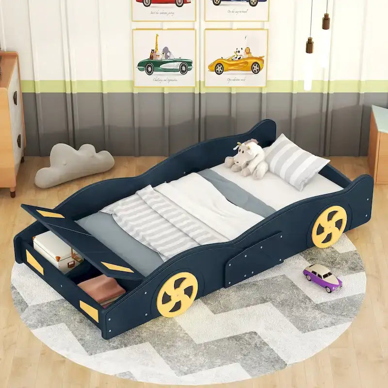 Cama de coche de carreras negra/azul oscuro con almacenamiento – Individual/Matrimonial, para 1 persona