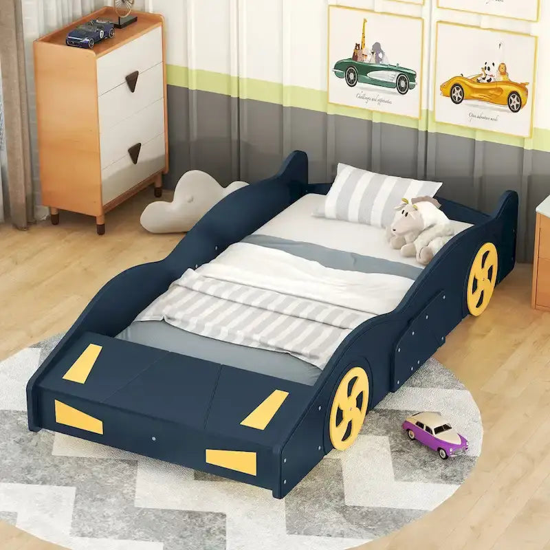 Cama de coche de carreras negra/azul oscuro con almacenamiento – Individual/Matrimonial, para 1 persona