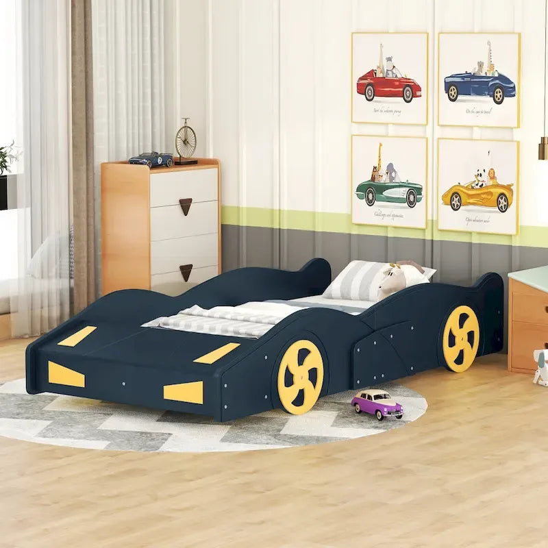 Cama de coche de carreras negra/azul oscuro con almacenamiento – Individual/Matrimonial, para 1 persona