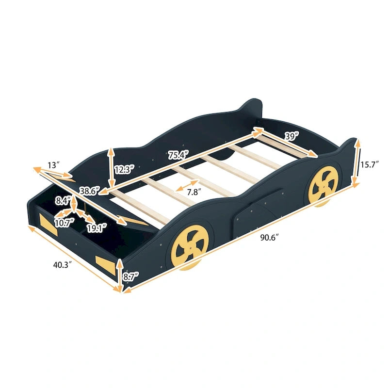 Cama de coche de carreras negra/azul oscuro con almacenamiento – Individual/Matrimonial, para 1 persona